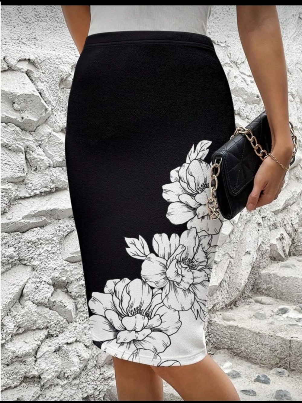 Black Pencil Skirt with White Floral Print